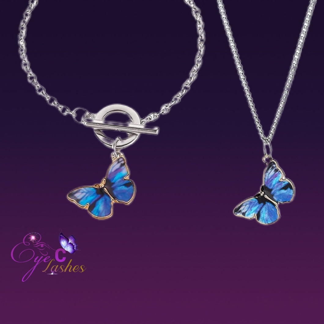 2pc Blue Butterfly Necklace Set